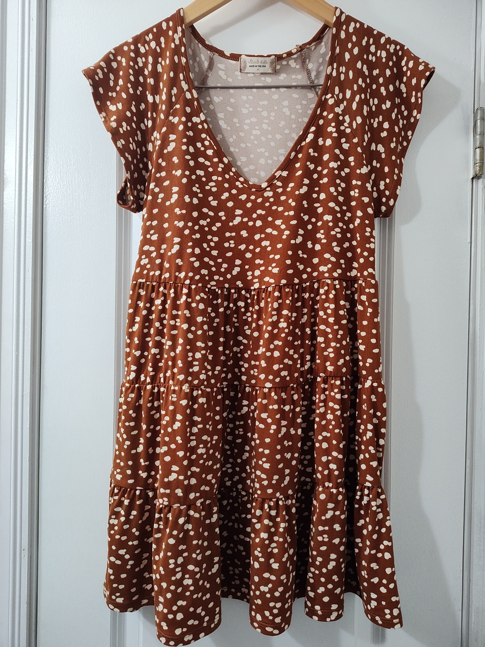 Altar'd State Rust Brown Mini Dress Cream Spot Print Tiered Feminine Festival